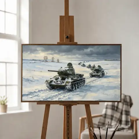 Колонна советских танков Т-34 на снежной степи