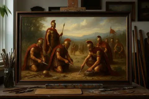 緑の谷で戦いの前に武装するスパルタ兵を描いた油絵