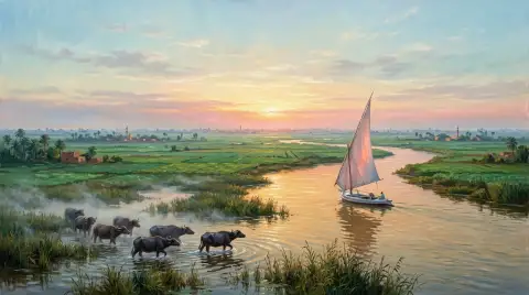 ナイル川の日の出の景色の中、フェルッカと水牛を描いた油彩画