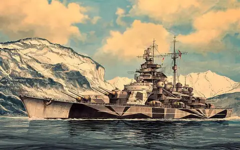 雪を頂いた山々の下、穏やかな北極海に停泊する灰色の軍艦を描いた油絵