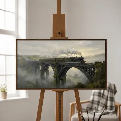 蒸気機関車が霧の中の鋳鉄橋を渡る