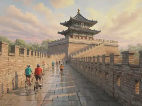 Cyclists Exploring the Ancient City Wall of Xi'an