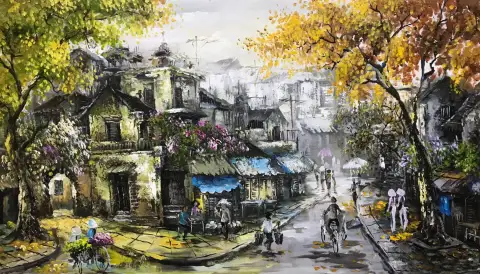灰色のサイゴンの通りと、秋の木々、家々、自転車を描いた油彩画