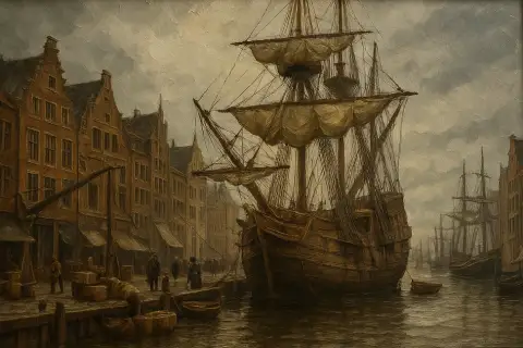 Pintura a óleo do navio Mayflower atracado num cais antigo de Amsterdã