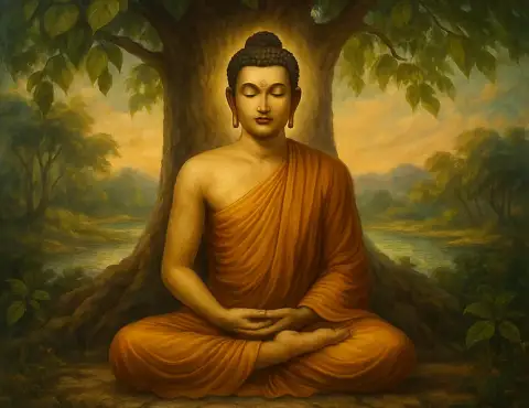 Öljyvärimaalaus Buddhasta meditoimassa kultaisessa valossa kylpevän Bodhi-puun alla
