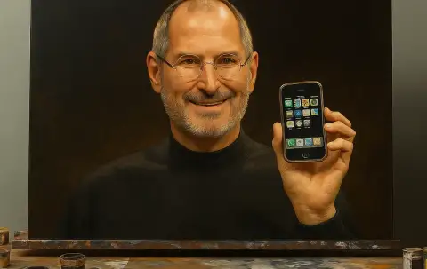 微笑みながら初代iPhoneを掲げるスティーブ・ジョブズの油彩肖像画
