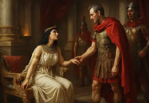 Oil painting of Cleopatra clasping hands with a Roman general as soldiers stand behind them.