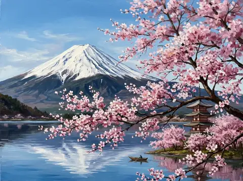 満開の桜の枝に縁取られた雪を頂いた富士山の油絵