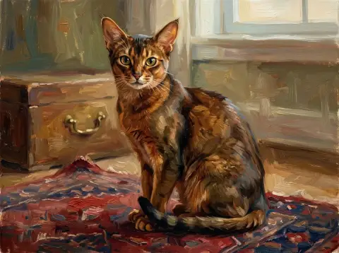 日差しの差し込むスタジオで、模様のあるラグの上に座るアビシニアンの猫の油絵。