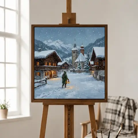 降雪時のアルプスの冬の村