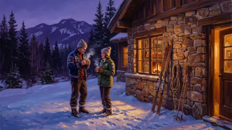 Картина маслом с двумя лыжниками, стоящими у каменного горного шале в снегу в сумерках
