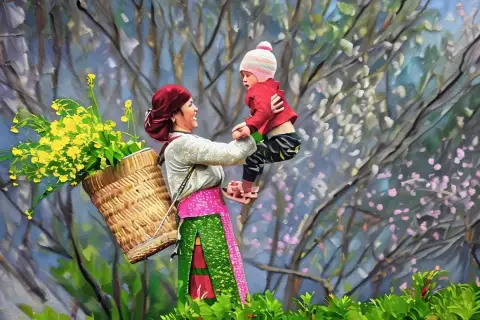 Счастливая мама и ребенок Хмонг на природе