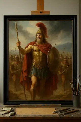 青銅の鎧と赤い羽毛の兜をまとい、槍と盾を持ってローマ兵を率いるマルスの油絵