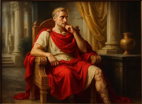 Oil painting of a Roman emperor seated in thought on his throne in a palace