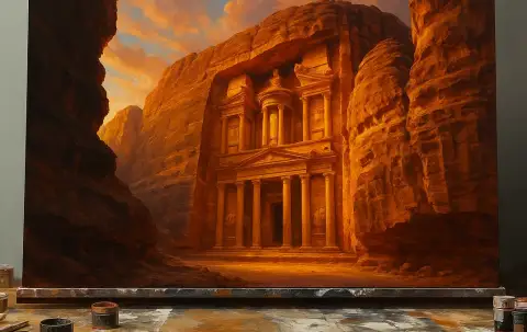 لوحة زيتية لواجهة خزنة البتراء منحوتة في صخرة الوادي الحمراء عند الغروب