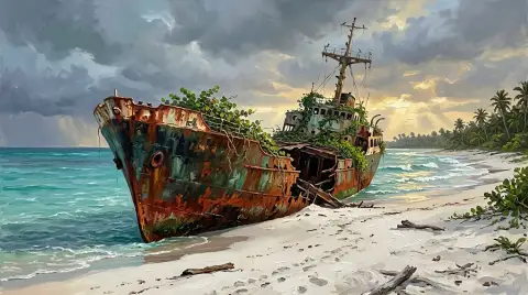 熱帯の真っ白な砂浜に錆びた放棄された難破船の油絵