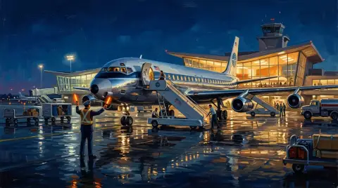 銀色の1960年代のジェット旅客機が夜の空港駐機場にあり、地上の誘導員が合図を送る油絵