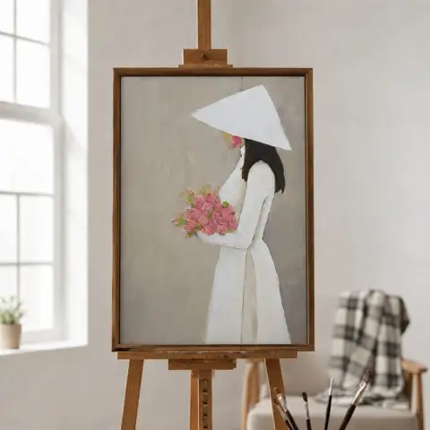 Framed painting of a Vietnamese lady in white ao dai hanging on a wall.