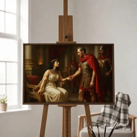 Framed painting of Cleopatra and Julius Caesar hanging on a study wall.