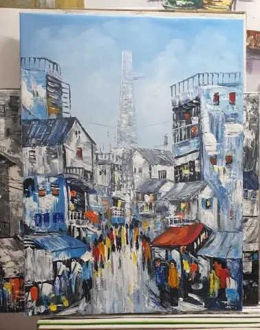 人々と高層ビルでにぎわうサイゴンの通りを描いた油絵