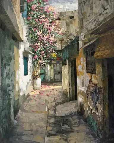 風化したサイゴンの路地にピンクのブーゲンビリアが咲き乱れる油彩画