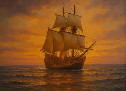 Öljyvärimaalaus Mayflower-laivasta täysin purjein oranssia auringonlaskua vasten