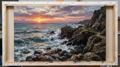 لوحة زيتية لأمواج تتصادم مع منحدرات داكنة تحت سماء شروق ملونة