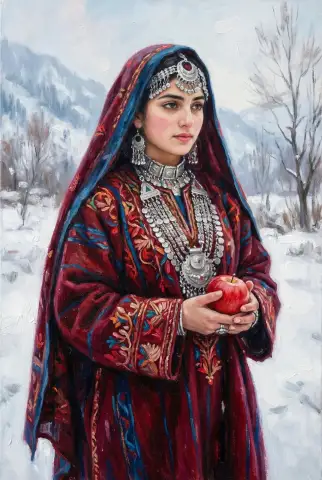Масляная картина молодой кашмирской женщины в бордовой шали с пейсли и серебряных украшениях, держащей яблоко в заснеженном горном пейзаже