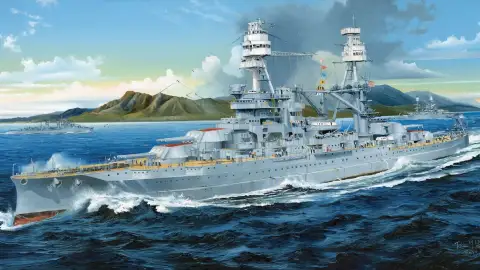 緑の島々のそばを航行する灰色の第二次世界大戦の戦艦の油絵