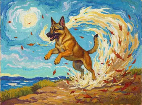 秋の葉の渦の中のベルギー・マリノア犬