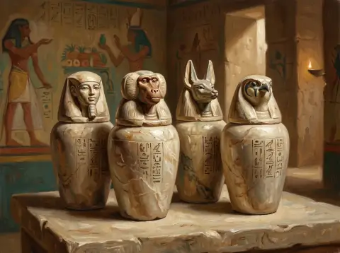 Oil painting of four Egyptian canopic jars with human, baboon, jackal, and falcon heads on a hieroglyph-covered pedestal