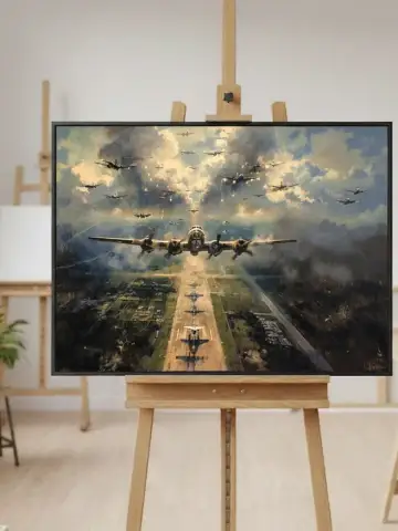 Масляная живопись: строй бомбардировщиков Б-17 «Летающая крепость» набирает высоту с взлётной полосы в облачное небо