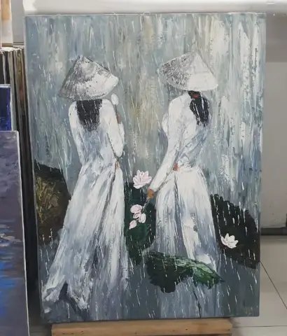 비 오는 날 우산 아래 연꽃을 들고 있는 두 베트남 여인을 그린 그림