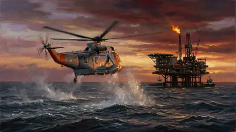 夕暮れ時に洋上石油プラットフォームへ近づく補給ヘリコプターの油絵