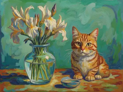 Любопытный гималайский кот с ирисами в стиле Ван Гога