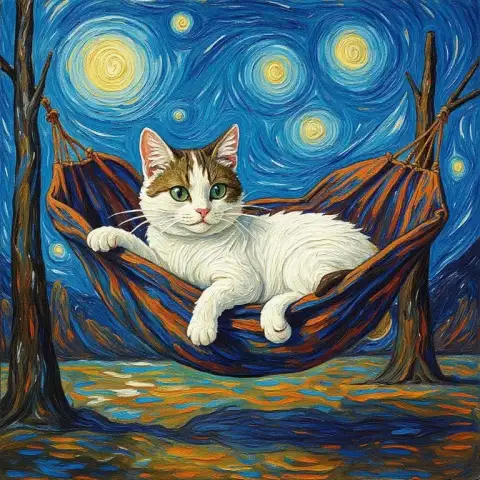 Кошка-бразилец с короткой шерстью, вдохновленная Ван Гогом, в гамаке