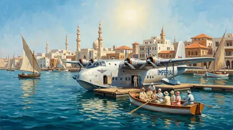 لوحة زيتية لطائرة إمبريال المائية من 1930 راسية في ميناء شرق أوسطي
