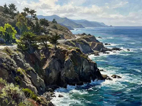 糸杉と打ち寄せる波のある、荒々しいカリフォルニア海岸の油絵