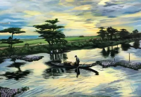 베트남 보트의 석양 반사