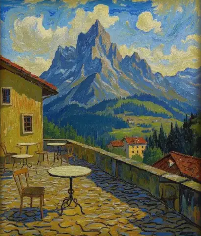 スイスの山の景色を望む屋上カフェ - ゴッホにインスパイアされた