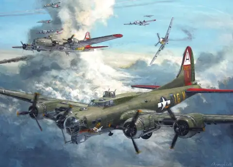 戦闘機の護衛と共に編隊飛行するB-17フライングフォートレス爆撃機の油絵