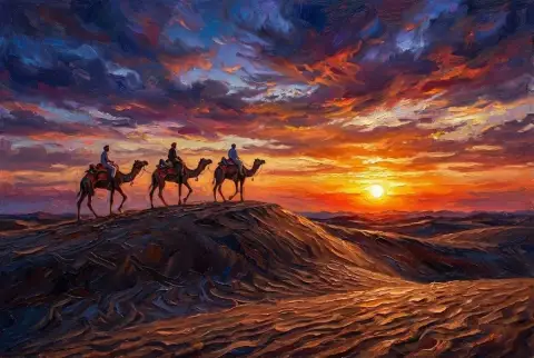 鮮やかな夕焼けの砂漠と砂丘を背景に、ラクダと乗り手のシルエットを描いた油絵。