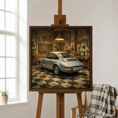 Классический серебристый спортивный автомобиль с задним расположением двигателя в гараже