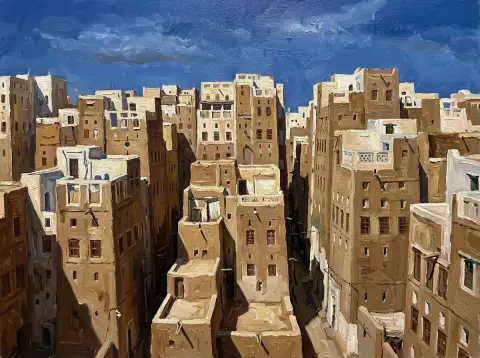 لوحة زيتية لأبراج شبام الطينية الطويلة باللون المغرة تحت سماء زرقاء صافية