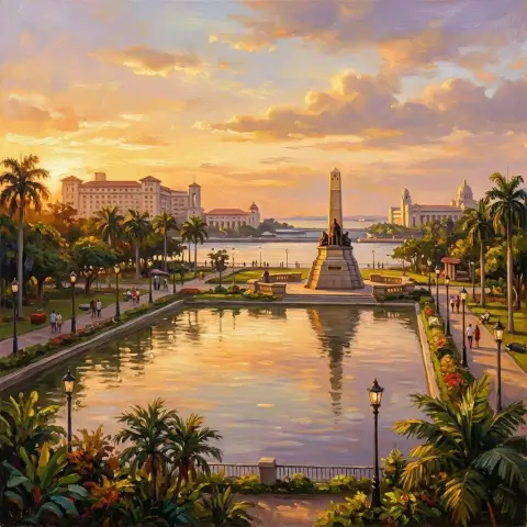ゴールデンアワーのマニラ、リサール公園の reflecting pool とモニュメントの油絵