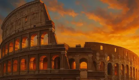 Oil painting of the Colosseum's ancient arches glowing gold under a dramatic sunset sky