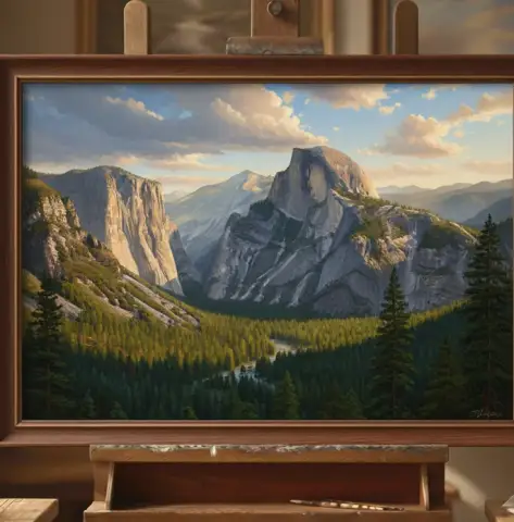 Oil painting of granite cliffs and forest in Yosemite Valley