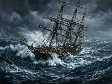 Oil painting of a tall ship heeling into towering storm waves at sea