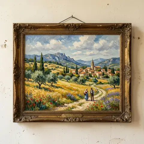 Картина маслом прованской деревни на холме, окружённой оливковыми рощами и маками