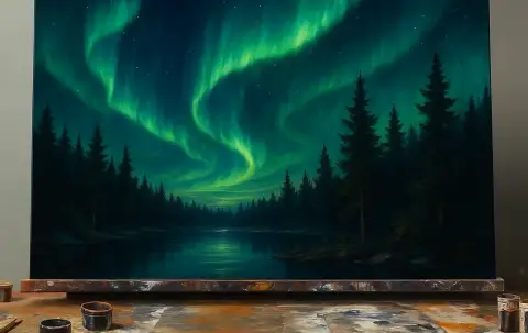 Oil painting of green aurora borealis over a dark pine forest and still lake.